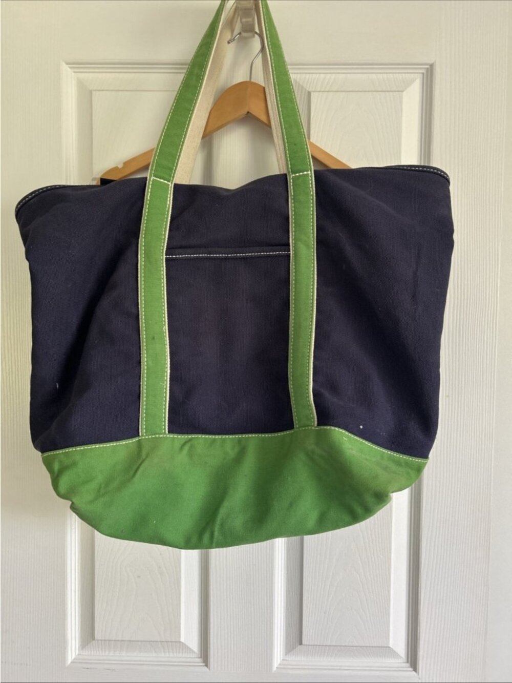 Lands' End XL Heavy Duty Canvas Tote Bag Green Navy Top Zip 5 Pockets